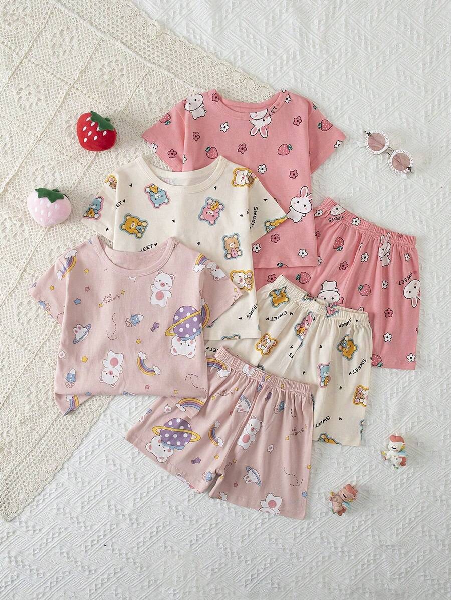 6pcs/Set Piyama Bayi Perempuan Lengan Pendek & Celana Pendek, Motif Kartun Beruang & Kelinci, Pakaian Santai Musim Panas Tipis - MultiWarna - View 1