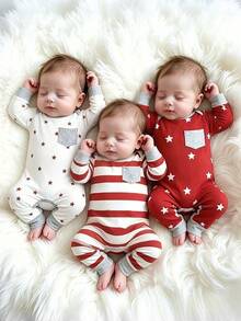 3pcs/Set Baju Terusan Bayi Laki-laki Kasual Nyaman Musim Semi Musim Gugur Baru Motif Bintang Garis Tipis Lengan Panjang - Merah - View 2