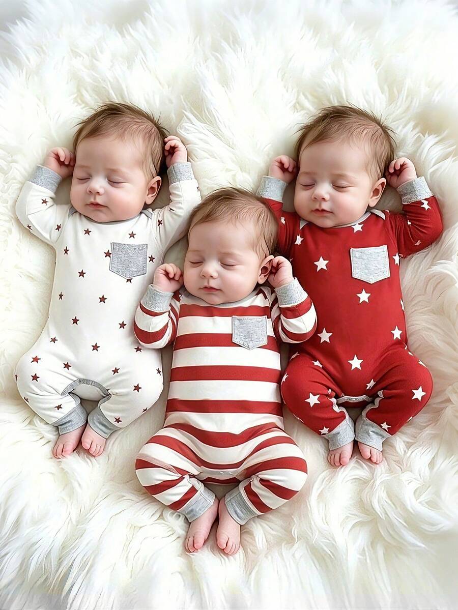 3pcs/Set Baju Terusan Bayi Laki-laki Kasual Nyaman Musim Semi Musim Gugur Baru Motif Bintang Garis Tipis Lengan Panjang