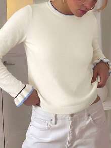 Women's College Style Long Sleeve Pullover Sweater, Contrast Trim Design, Autumn Fashion Choice - White - View 8