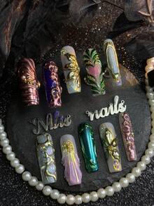10 piezas de uñas postizas cuadradas largas totalmente cubiertas hechas a mano, de color púrpura&verde&azul claro&dorado, reutilizables, estilo de lujo barroco sirena, adecuadas para festivales, banquetes de cumpleaños, estilo diario, cosplay, con pegamento de gelatina y lima de uñas - Multicolor - Ver 3