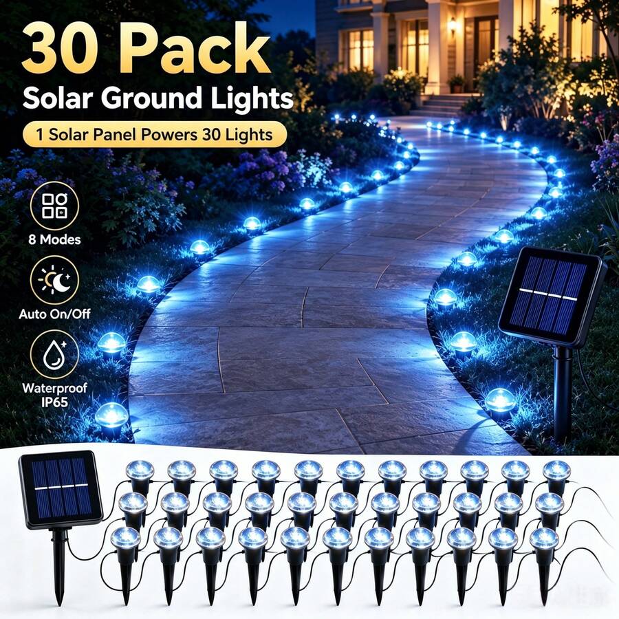 30 Pack Small Solar Ground Lights Blue,Solar Garden Lights Outdoor,IP65 Waterproof 8 Modes Auto On/Off ,Solar Lights Outdoor Decorative Landscape LED For Garden Patio Lawn Yard Backyard - 藍色燈光 - 查看 1