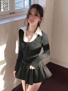 Colorblock Patchwork Faux Two-Piece Long Sleeve T-Shirt - Black - View 5