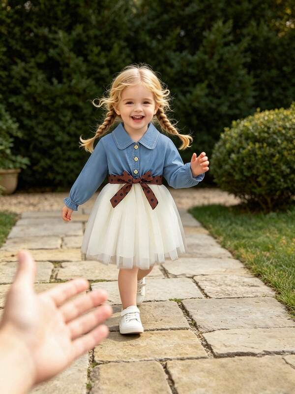 Fashionable College Style Long Sleeve Dress With Polka Dot Waistband, Autumn/Winter Mesh Patchwork Casual Tulle Dress For Baby Girls