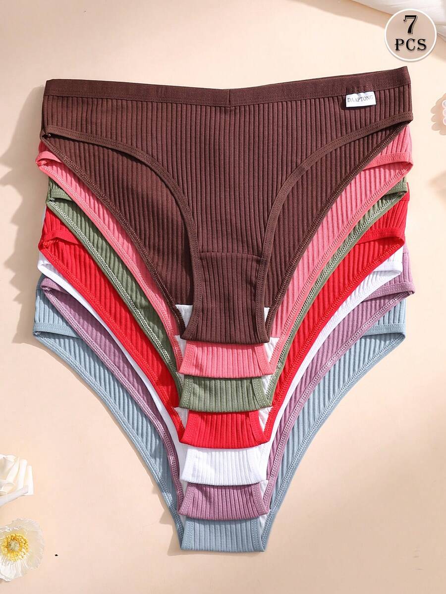 7件組女款棉質三角內褲 V腰無縫內褲 羅紋素色內衣 舒適透氣內褲