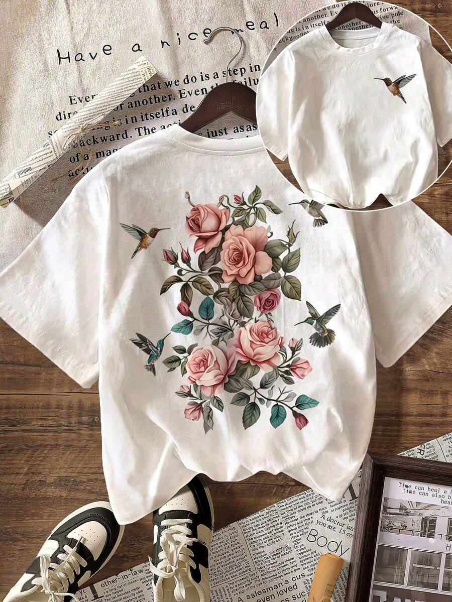 Camiseta de Talla Grande con Estampado de Colibrí y Rosa, Camisa de Verano con Flores y Pájaros, Top Casual de Jardín Botánico, Camiseta de Vacaciones para Amantes de la Naturaleza Blanca - Blanco - Ver 1