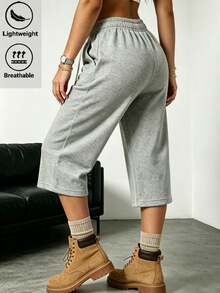 Women's Loose Mid-Length Sports Shorts, Casual Wide Leg Drawstring Bermuda Lounge Pants Summer - Light Grey - View 3
