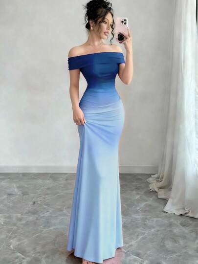 New Fashionable Foreign Trade Short-Sleeved Gradient Off-Shoulder Bodycon Long Dress Breathable And Comfortable