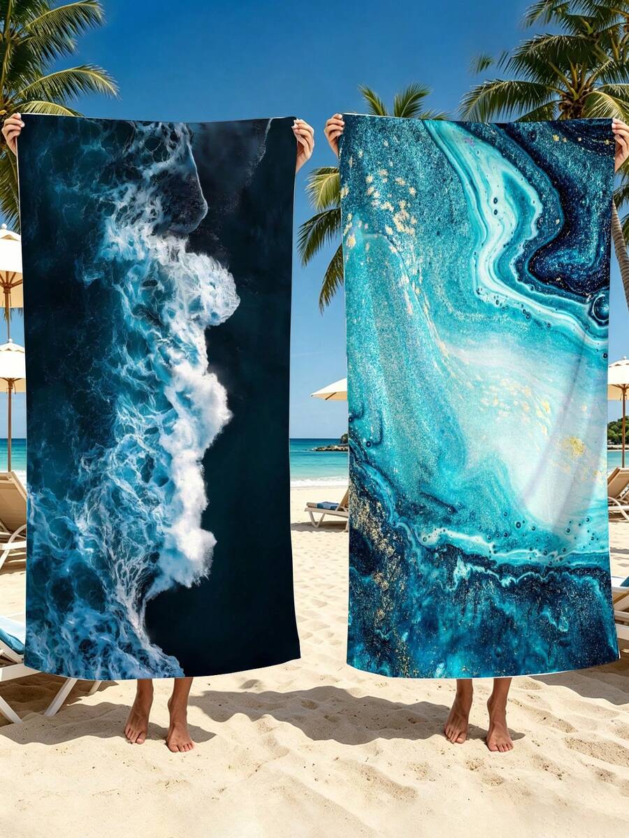 2件組海洋波浪海灘浴巾,35x70吋加大尺寸,輕量超細纖維,柔軟快乾,適合泳池、沐浴、旅行,藍色毛巾,送給女性與男性的完美海洋禮物 - 天藍色 - 查看 1