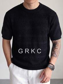 Men's Crew Neck Short Sleeve Ice Silk Knit Fitted Casual Commuter Style Horizontal Striped Knit Top Spring Summer Thin - Black - View 5
