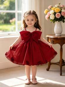 Baby Girls Spaghetti Strap Bow Organza Cute Flower Girl Princess Dress, Suitable For 1st Birthday Party, Headband Not Included - 酒紅色 - 查看 3