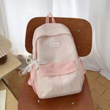 Minimalist Flap Backpack With Front Zipper Pocket, Detachable Charm, Adjustable Shoulder Straps, Daily Fashion Backpack For Women - Pink - View 5
