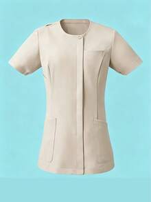 Solid Color Round Neck Short Sleeve T-Shirt, Women's Multi-Pocket Professional Fashion Commute Work Top, Beauty Salon Dental Clinic Uniform Fall - Apricot - View 1