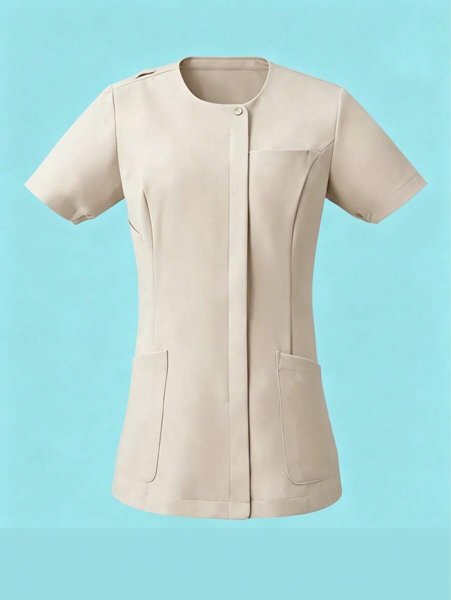 Solid Color Round Neck Short Sleeve T-Shirt, Women's Multi-Pocket Professional Fashion Commute Work Top, Beauty Salon Dental Clinic Uniform Fall - Apricot - View 1