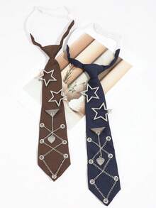 1 pièce Cravate sans nœud en forme d'étoile avec strass pour femme, décoration de chaîne en métal en forme de cœur, cravate d'uniforme JK, accessoire de chemise rétro doux et cool - Multicolore - Voir 4