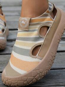 Women's New Vintage Colorblock Mesh Rainbow Striped Knit Closed-Toe Sandals, Soft Elastic Shock-Absorbing Casual Beach Shoes, Sneakers For Women - Khaki - View 9