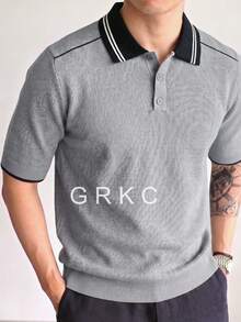 Men's Knitted Polo T-Shirt, Slim Fit Business Striped Solid Color Knit Top, Spring/Summer Commute Casual Versatile Thin Short Sleeve - Grey - View 3