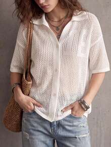 女款 Polo 領純色單排扣鏤空短袖夏季寬鬆休閒時尚針織開襟衫，海灘度假風 - 白色 - 查看 2