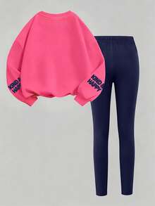 Girls' Sweatshirt Set, Letter Print Sweatshirt And Casual Crew Neck Sweatshirt Paired With Slim Fit Solid Color Pants, 2-Piece Set For Autumn/Winter Daily Wear - Hot Pink - View 3