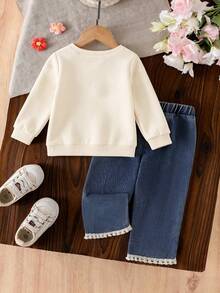Baby Girl Cartoon Pattern Crew Neck Long Sleeve Warm Sweatshirt And Denim Jeans - Apricot - View 2
