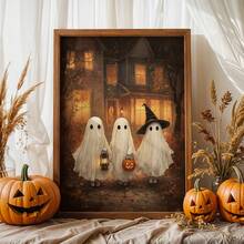 1pc Unframed Halloween Ghost Art Printable Vintage Wall Decor, 3 Ghosts, Lantern, Witch Hat, Pumpkin Print, Aesthetic Poster For Apartment, Living Room, Bedroom, Back To School Season, Dorm Essentials - Frameless - View 2
