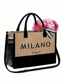 女款「MILANO」藝術字母圖案沙灘托特包套組，時尚可折疊沙灘包，適合游泳與海邊旅行，亦可作為女款單肩包、超市購物袋或多功能收納袋，芭蕾風通勤手提包，適合送給女性、母親、老師、朋友、伴娘、學生，開學季禮物 - 彩色 - 查看 11