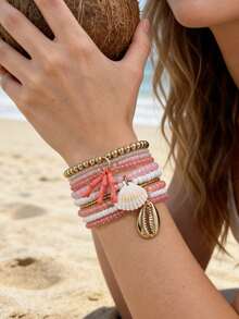 3pcs Fashion Sexy Delicate Elegant Branch Shell Pendant Bracelet Woven Rice Bead ABS Faux Pearl Beaded Stackable Bracelet Set Suitable For Women Daily Wear And Holiday Travel - Multicolor - View 3