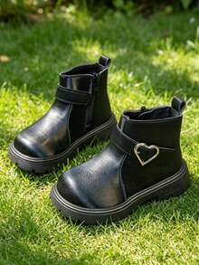 1 Pair Girls' Heart Buckle Boots, New Spring/Autumn Fashion Buckle Princess Boots, Korean Style Versatile Fashion Ankle Boots - Black - View 2