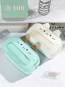 1pc Cute Mint Cat Ita Pencil Bag, Transparent Visible Front Pocket, 3D Cat Ear Design, Large Capacity Girly Stationery Pouch, Ideal For Students, Handcraft Lovers And Daily Stationery Storage,Back To School - Pencil Case - View 6