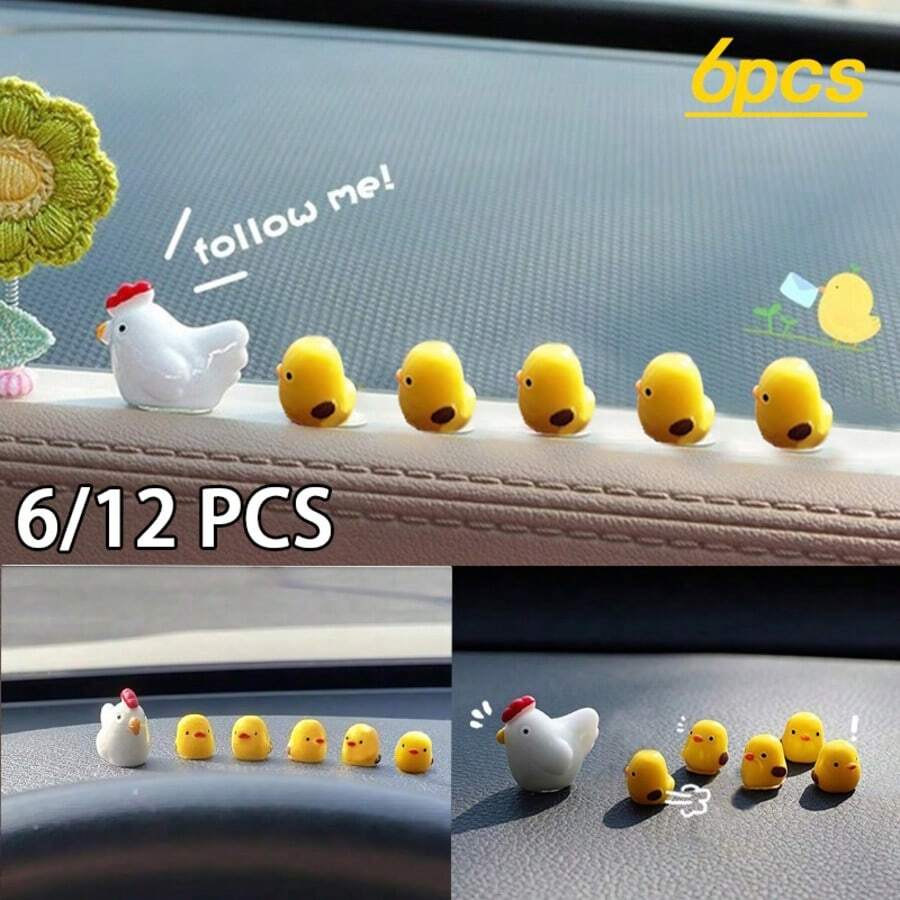 6/12pcs Cute Chick Figurines, Round And Exquisite Design, Suitable For Dashboard And Rearview Mirror, Decorate Car Interior With Healing Mood