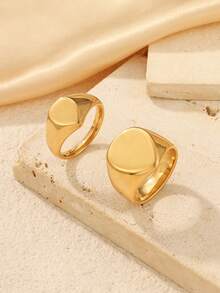 2pcs/Set 18K Gold Plated Stainless Steel Polished Water Drop Rings, Minimalist Shiny Gold Wide Band Rings, Niche Luxury Commuter Stackable Jewelry For Women, Daily Wear Gift Set, Available In Multiple Sizes, Parent-Child Matching - Yellow Gold - View 2