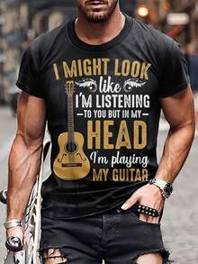 Camiseta de hombre con estampado de guitarra, camiseta casual de manga corta y cuello redondo, ropa de hombre para exteriores - Negro - Ver 1