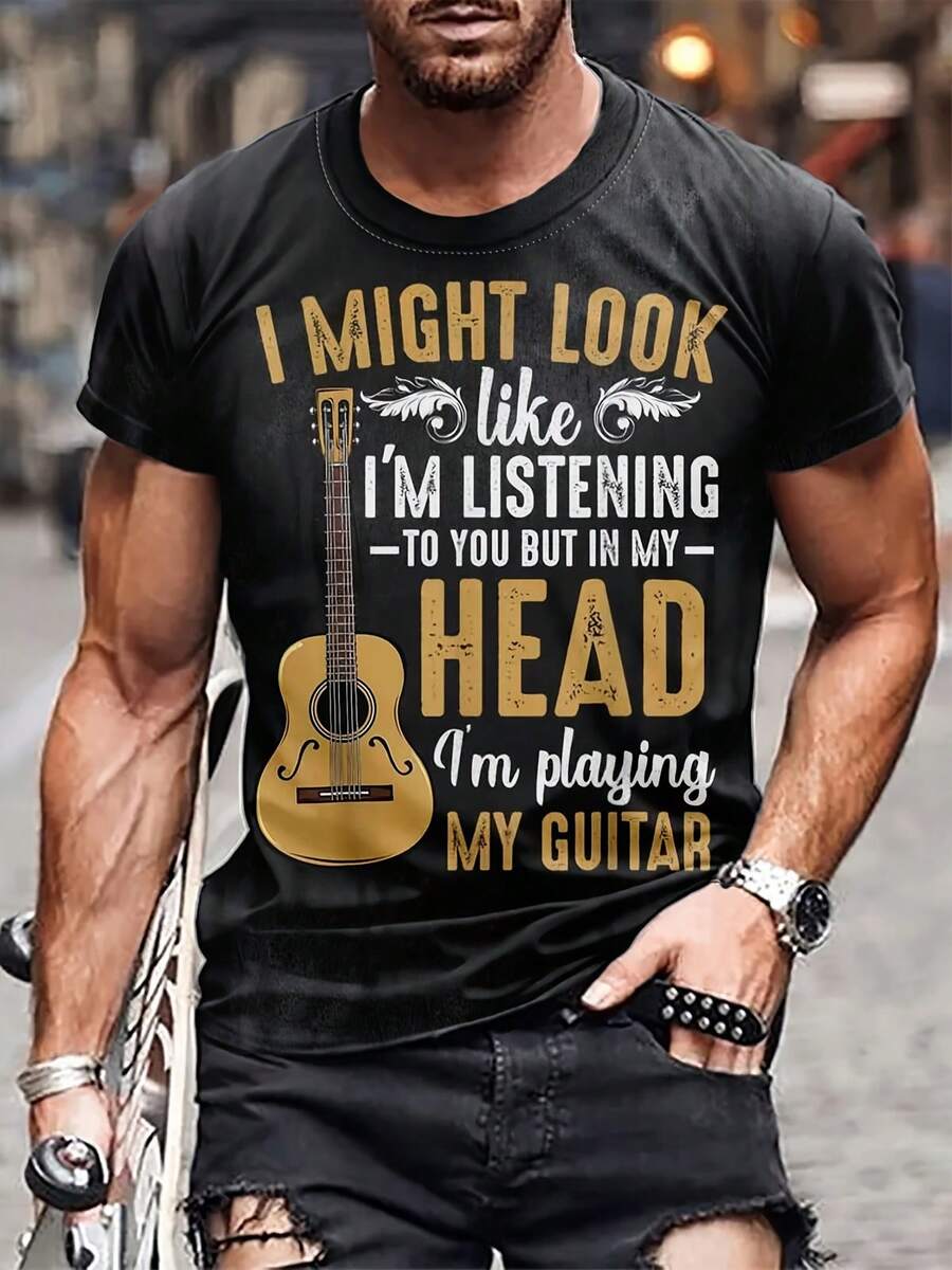 Camiseta de hombre con estampado de guitarra, camiseta casual de manga corta y cuello redondo, ropa de hombre para exteriores - Negro - Ver 1