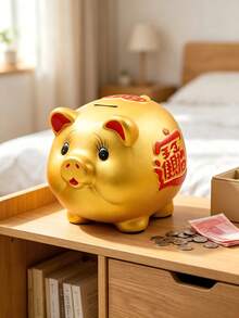 1 Piece Piggy Bank With Three-Dimensional Auspicious Printed Characters Of "Attracting Wealth And Treasures", Available In Various Sizes. It Functions As Both A Coin Storage Container And Symbolizes Accumulating Wealth And Good Fortune - A - View 3
