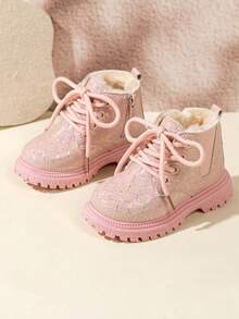 1 Pair Kids' Glossy Iridescent Ankle Boots With Side Zipper Dual Design, Dirt-Resistant Versatile Winter Boots For Kindergarten - Pink - View 1