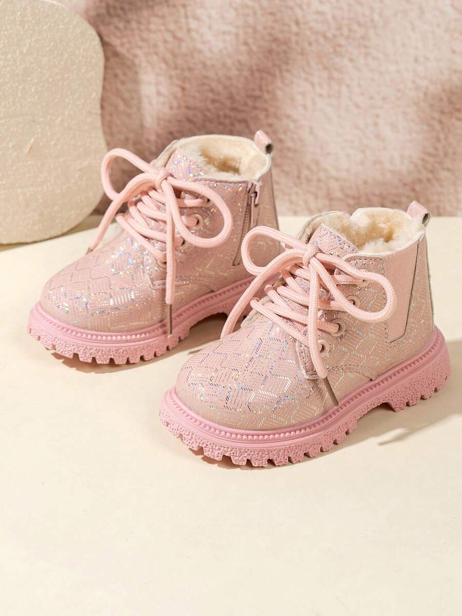 1 Pair Kids' Glossy Iridescent Ankle Boots With Side Zipper Dual Design, Dirt-Resistant Versatile Winter Boots For Kindergarten - Pink - View 1
