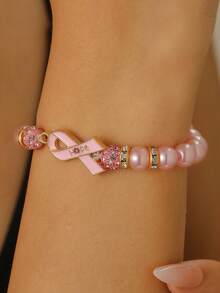 1pc Breast Cancer Awareness Bracelet Accessory Red Ribbon International AIDS & Breast Cancer Prevention - Pink - View 5