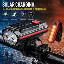 Rechargeable Bicycle Headlight And Taillight Set, 250 Lumens Solar Powered Headlight, LED Warning Waterproof USB-C 1200mAh, Super Bright For Night Riding - Multicolor - View 2