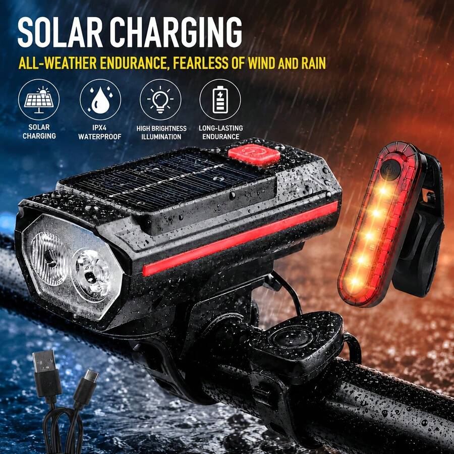 Rechargeable Bicycle Headlight And Taillight Set, 250 Lumens Solar Powered Headlight, LED Warning Waterproof USB-C 1200mAh, Super Bright For Night Riding