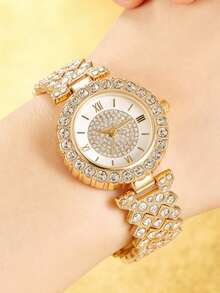 6pcs/Set Women's Gold Bracelet Style Zirconia Inlaid Chain Quartz Watch And Jewelry Set, Cute Gift For Girls - Multicolor - View 5