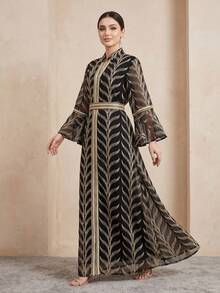 Hafizah 刺繡喇叭袖套頭優雅長洋裝 V領網紗女款洋裝 - 黑色 - 查看 4