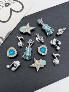 12件組DIY可拆卸花園鞋飾品，藍色水鑽小提琴、愛心、星星、音符鞋夾，多功能鞋飾配件，適用於女款涼鞋、拖鞋、沙灘包，適合假期與生日派對禮物 - 銀色 - 查看 5