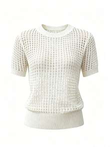 2026 New Spring/Summer Lightweight Breathable Hollow-Out Knit T-Shirt, Loose Short Sleeve Sheer Knit Top, Suitable For Beach, Vacation And Daily Wear - Apricot - View 2