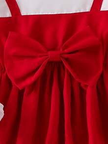 Baby Girl Spring/Autumn Fashion 2-Piece Set, 2 In 1 Camisole Top With 3D Big Bow, Ruffle Hem, Cinched Waist, Pullover Style + Cherry Embroidered Straight Leg Denim Pants - Red - View 5
