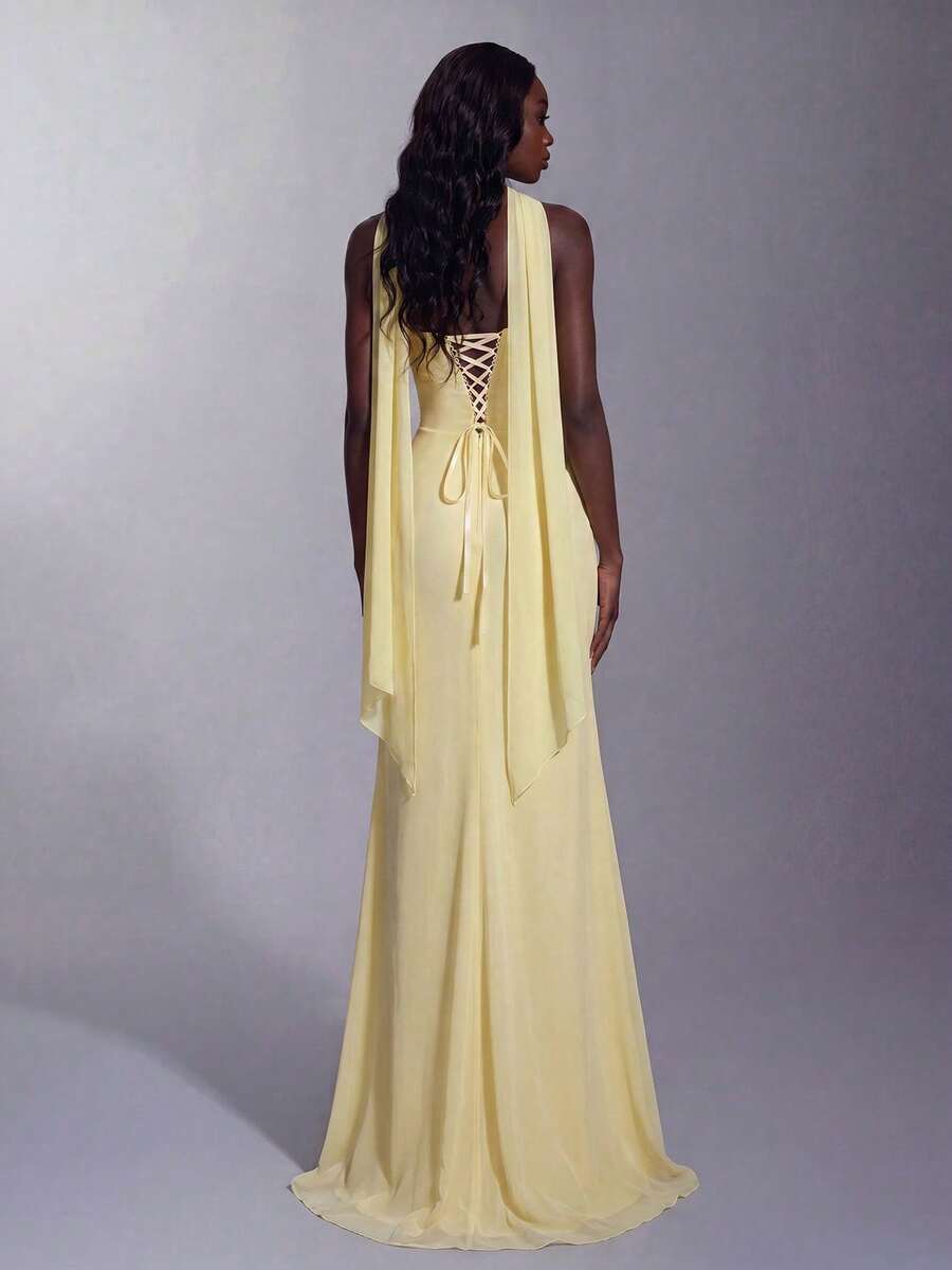 Elegant Heart-Neckline Ruched Fitted Bodice Dress With High Slit And Slim-Fit Mermaid Dress Wedding Party Fall - Light Yellow - View 1