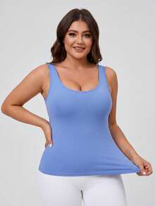 Plus Size Women's Built-In Bra Tank Top Scoop Neck Sleeveless Base Layer Cami For Fall Back To School Workout Daily Commute - Blue - View 7