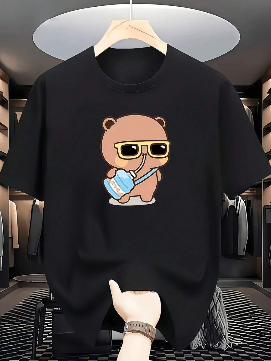 Cute Sunglasses Drinking Card Capybara Print Loose Short Sleeve Unisex Casual Round Neck Short Sleeve
