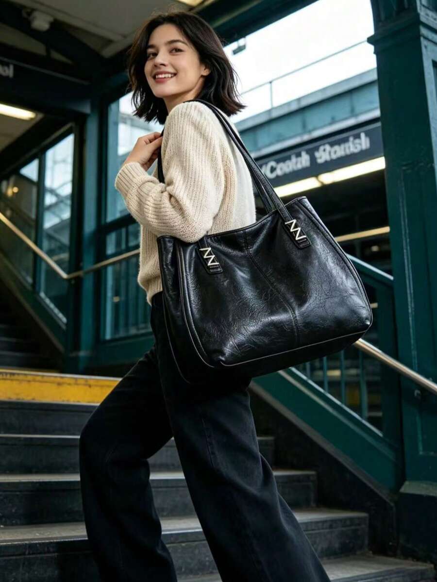 時尚復古大容量托特包 女款復古裂紋皮革托特包 大容量上班通勤手提包 時尚 N 字金屬配件 軟頂手柄包 日常旅行購物媽媽包