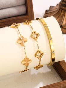 3pcs/1pc Fashion Stainless Steel Jewelry Set, Clover Design, Suitable For Women's Commute Or Daily Wear, Perfect Gift For Friends - Golden 2 - View 1