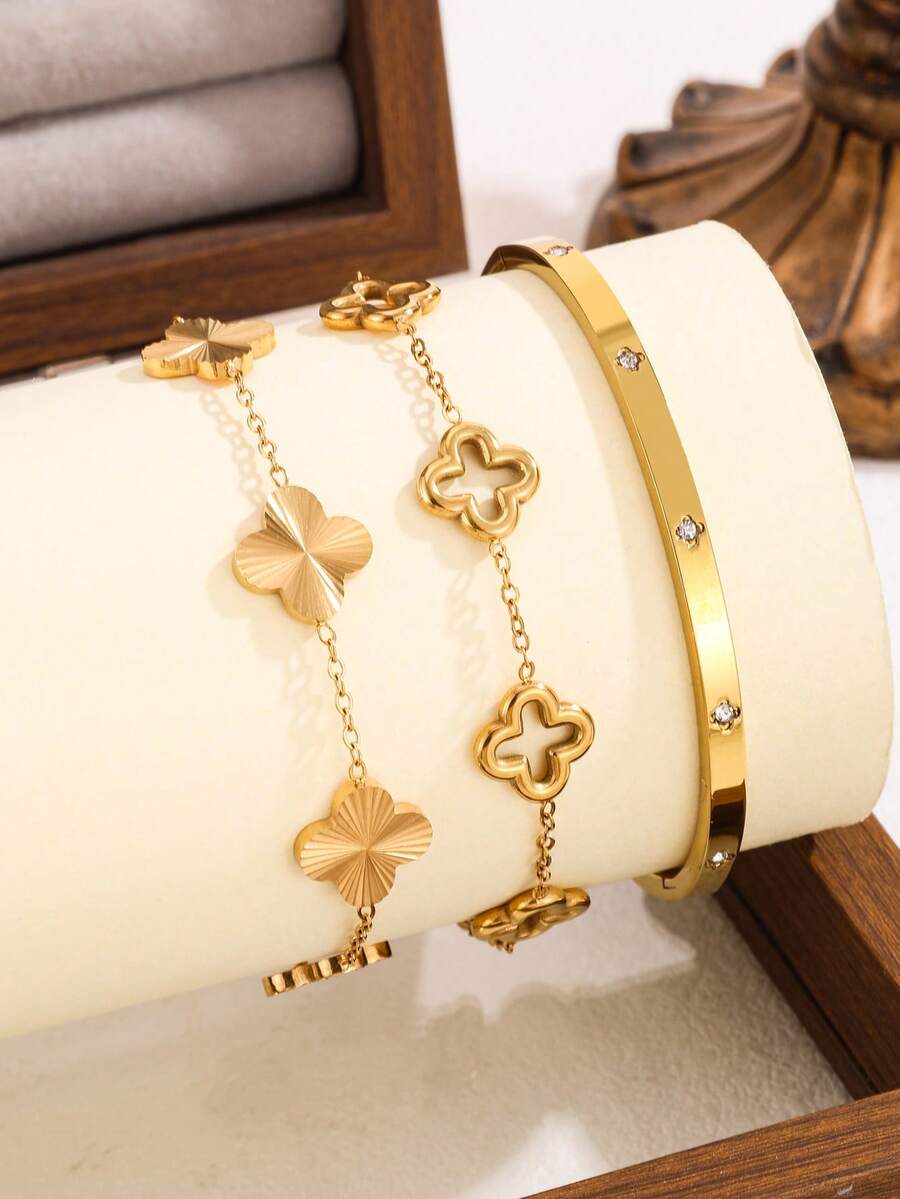 3pcs/1pc Fashion Stainless Steel Jewelry Set, Clover Design, Suitable For Women's Commute Or Daily Wear, Perfect Gift For Friends - Golden 2 - View 1